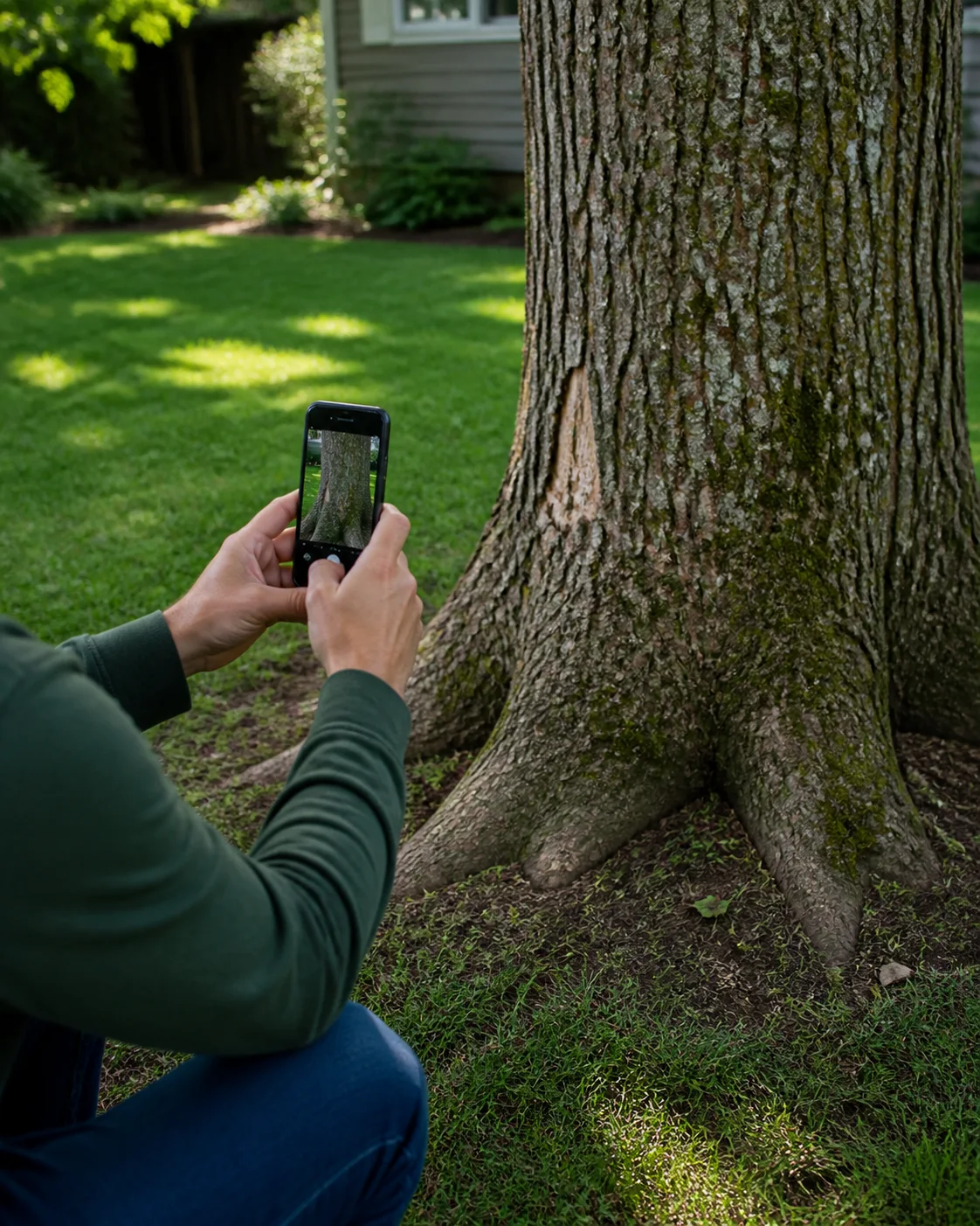 A homeowner photographing a tree trunk from the ground