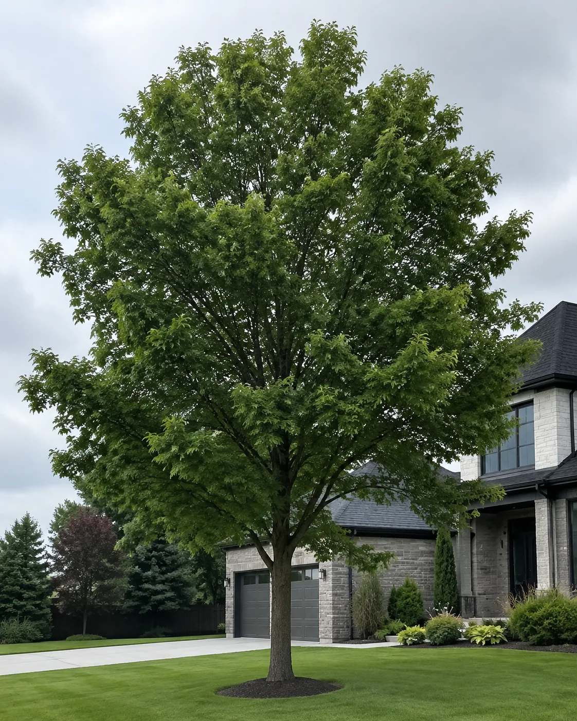 A mature tree beside a home, with its trunk and full canopy visible